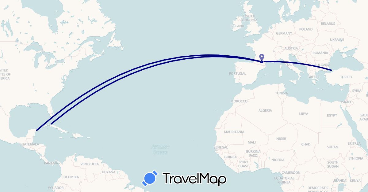 TravelMap itinerary: driving in Cuba, France, Mexico, Turkey (Asia, Europe, North America)